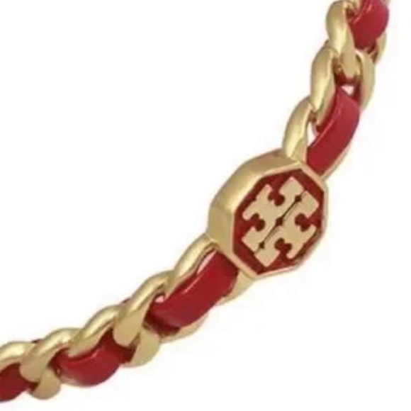 Tory Burch 18 K gold plated brass / nickel free Gorgeous Red Woven leather chain - Picture 6 of 9